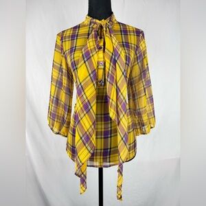 Glam 3/4 Sleeve Plaid Blouse with Neck Tie